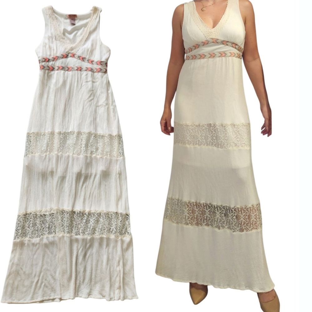 Flying‎ Tomato Boho Crinkle & Lace Ivory Maxi Dress Sz M Western Coastal Cowgirl